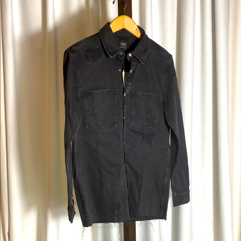 Zara Man Jacket Men Meduim Black Button Down Distressed Relaxed Fit Trucker
